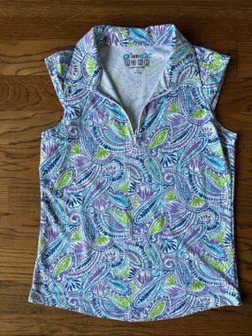 IBKUL Sleeveless Zip Polo in Blue, Purple & Lime & White